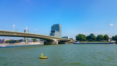 COLOGNE - SEPTEMBER 6: Cologne Deutz with the modern Lanxess Tower in Germany seen from the Severins Bridge on September 6, 2016のeditorial素材