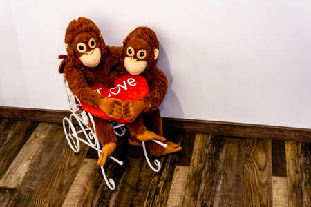 Two soft toy monkeys sit arm in arm in a small car, holding a fabric heart in their hands Landscapeの写真素材