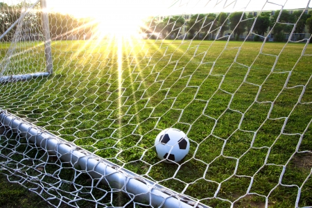 a soccer ball in a grass field and goalの写真素材