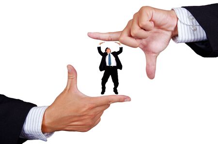Young businessman making a hand frame isolated on white backgroundの写真素材