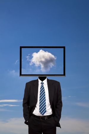 business dreamer with computer monitor head  の写真素材
