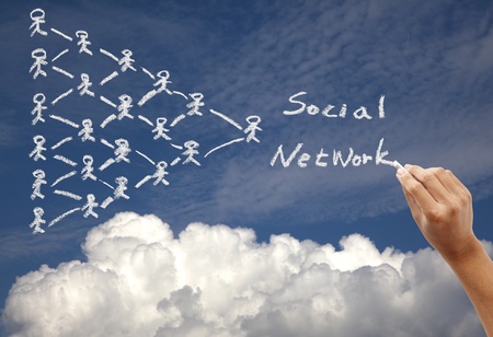 Hand drawing social network concept on the sky background by chalkの写真素材