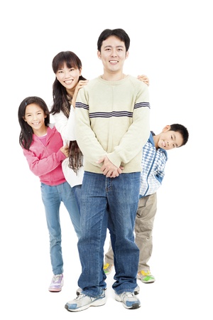 full length of happy asian family isolated on whiteの写真素材