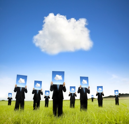 cloud computing and business thinking concept. businessman showing cloud thinking board on the fieldの写真素材