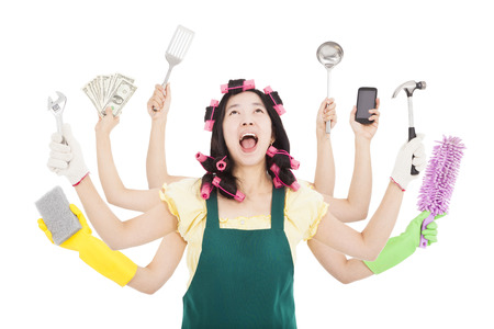 tired and busy woman with multitasking conceptの写真素材