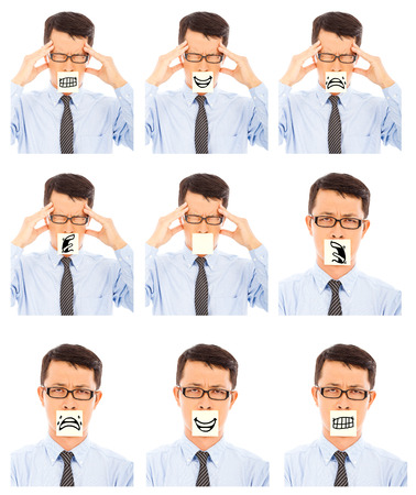 business man show different negative facial expressionの写真素材