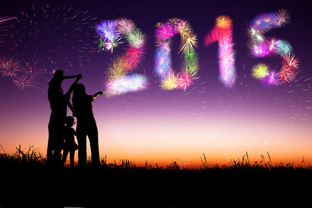 happy new year 2015.family standing on the hill and watching the fireworks