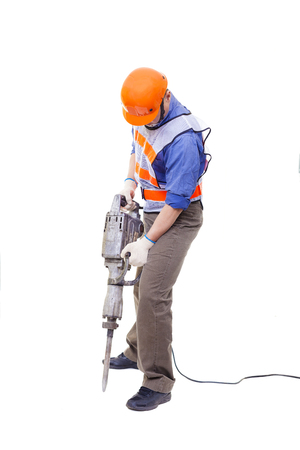 worker with pneumatic hammer drill equipment isolated on whiteの写真素材
