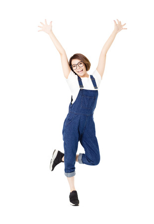 happy excited young women with arms extendedの写真素材