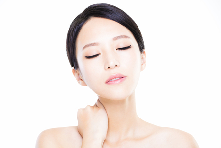 closeup   young  woman face with clean  skinの写真素材