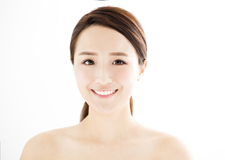 closeup beautiful young woman with clean faceの写真素材