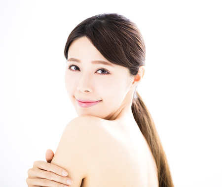 closeup beautiful young woman with clean faceの写真素材