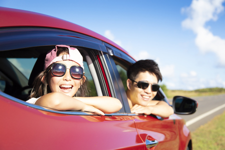 Happy father and daughter enjoy road trip の写真素材
