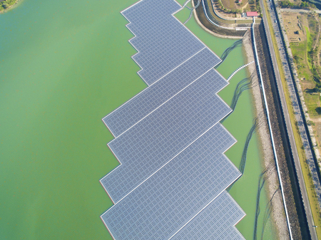 aerial view of Floating solar panels or solar cell Platform on the lake