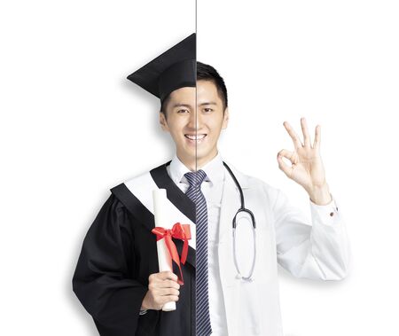 asian young man in two occupations of doctor and graduationの写真素材