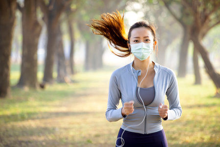 Young woman runner taking a rest after running hard and looking upの写真素材
