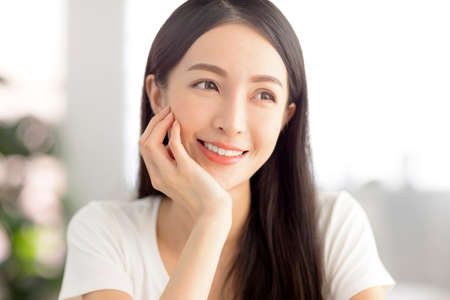 closeup young asian woman face with clean healthy skinの写真素材