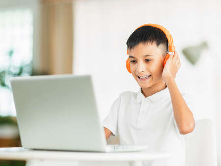 Cheerful boy using laptop.Study online.
