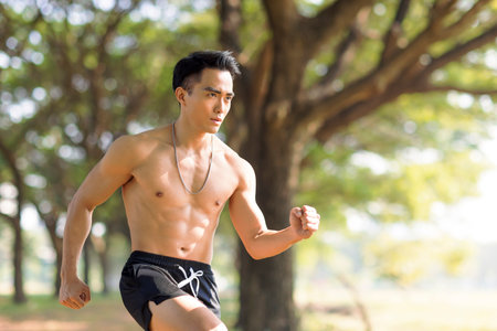 Fittness asian Young man doing exercises in the parkの写真素材