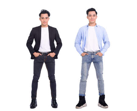 Full length of young man in casual clothes and suit. same man in different style clothes