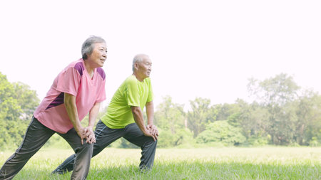 Senior couple exercising and knee stretches in the parkの写真素材