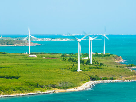 Aerial view of giant wind turbines in Penghu, Taiwan.の写真素材