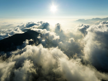 Aerial view of mountains and clouds at sunset in summer. Hehuan Mountain, Taiwan.の写真素材