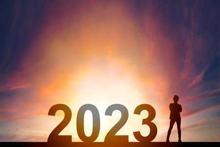 Business Concept for success in the future goal. Business man stand with 2023.の写真素材