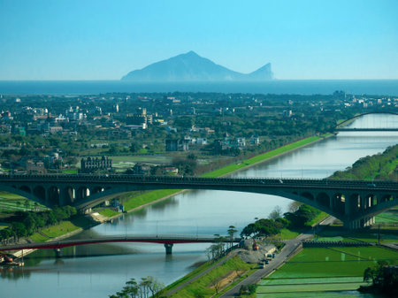 Aerial view of dongshan river and Guishan island in yilan county, taiwan.の写真素材