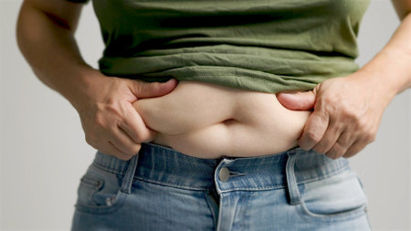 close up of woman hand pinching excessive belly fatの写真素材