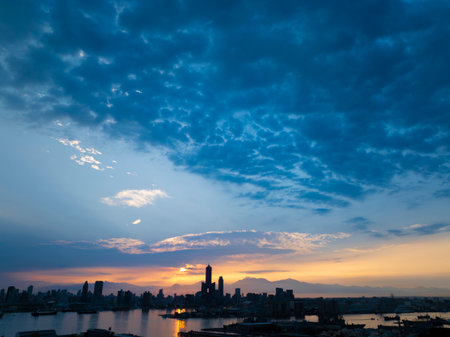 Aerial view panoramic of kaohsiung city harbor at sunrise,Taiwan.の写真素材