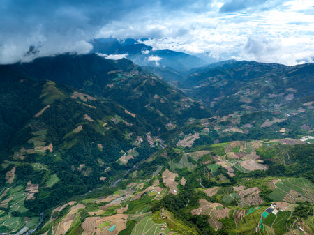 Aerial view of the farmland on the mountain hillの写真素材