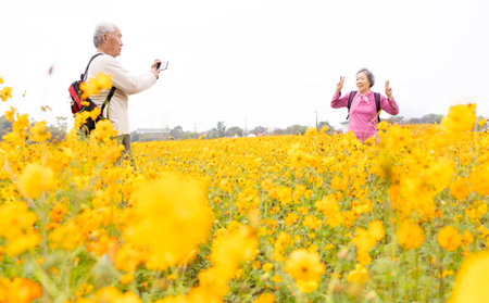 Happy senior couple taking selfie by smart phone at springtime travelの写真素材