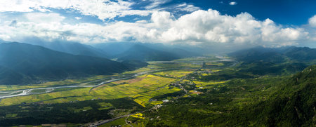 Aerial Panorama view of Beautiful rice fields and east rift valley, Taiwanの写真素材