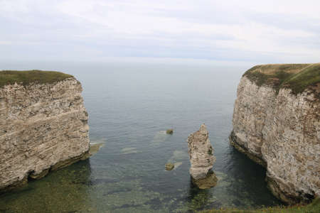 Flamborough coastline of England, Great Britain. North Sea off East Riding of Yorkshire. 
Flamborough Cliffs, North Landing. Travel and Tourism in the UK.の写真素材