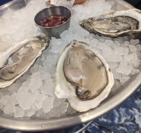 Fresh oysters on ice in a seafood restaurant. Seafood.の写真素材