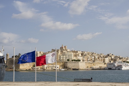 View at La Valletta, Malta with Maltese and European flagsのeditorial素材