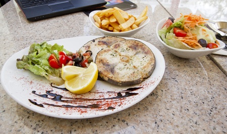 Swordfish steak served on the plate with lemon and vegetables and chips and salad on the sideの写真素材