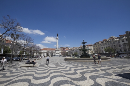 Rossio Square (Praca do Rossio) in Lisbon, Portugal, with Pedro King statueのeditorial素材