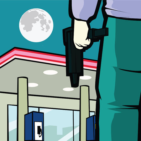 gas station robbery at night by a man with a gunのイラスト素材