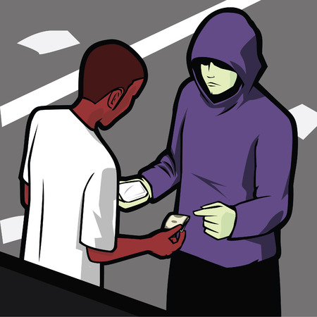 small time drugs deal in urban area, between 2 young menのイラスト素材