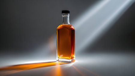 A bottle of amber liquid illuminated by a beam of light.の素材