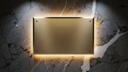 A metallic plaque on a marble wall, highlighted by spotlights.の素材