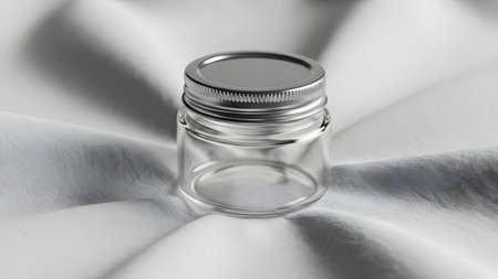 Small empty clear glass jar with silver lid on gray satin.の素材