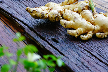 fresh ginger on the wooden floor  Ginger is a useful herb and used as a spice in cooking.の写真素材