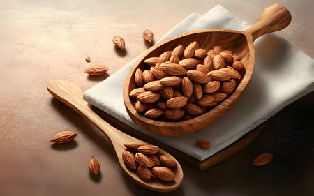 <p>Almonds are poured from a wooden spoon. On a light wooden table. Leave space for text. remote top view</p>の写真素材