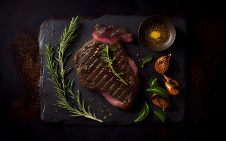 <p>Grilled rib eye steak, herbs and spices on dark table. Top view, empty space for your text</p>の写真素材