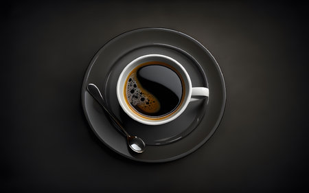 <p>hot coffee in a cup for advertising, menus, websites, on a black background</p>の写真素材