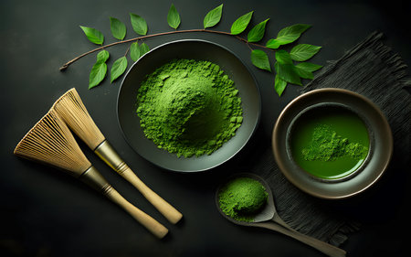 <p>Matcha Green Tea and Organic Matcha Powder healthy drink on a black background Space for your text</p>の写真素材