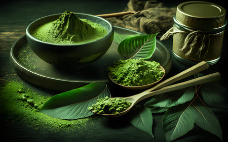<p>Matcha Green Tea and Organic Matcha Powder healthy drink on a black background Space for your text</p>の写真素材